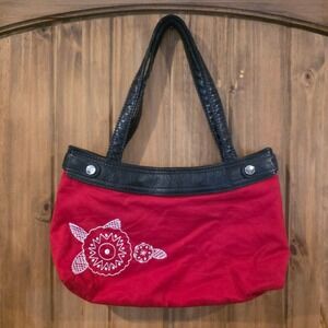 Thirty-One Shoulder Bag Womens Medium Red Good Floral Embroidery Canvas